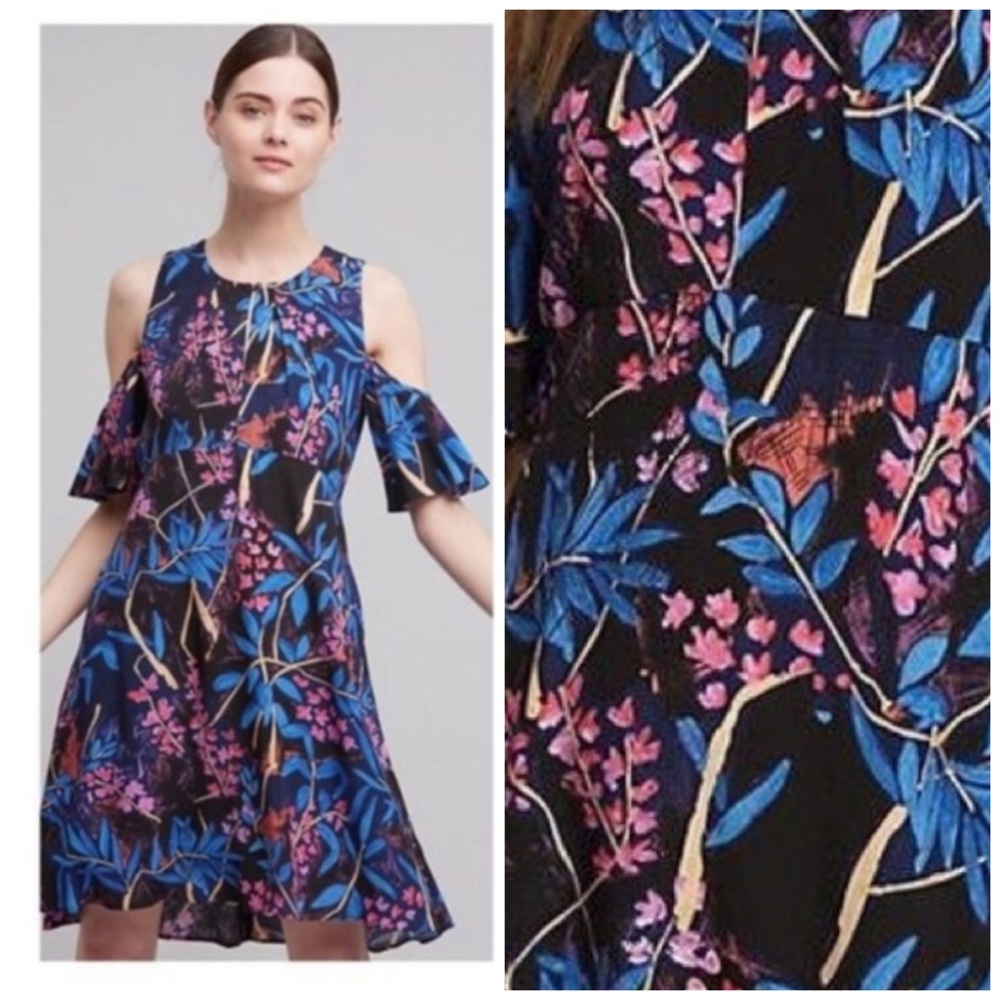 ANTHROPOLOGIE Maeve Elia Dress Cold Shoulder Print